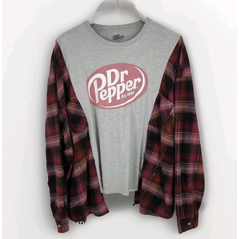 Upcycled Dr Pepper Tee Shirt With Flannel Long Sleeves Oversized / Plus Size